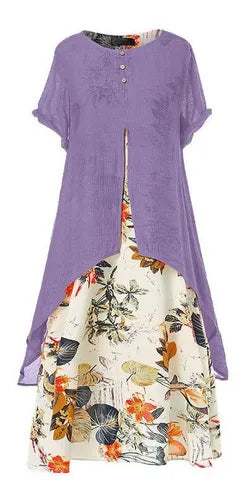 Vestido de mujer de manga corta con cuello en O